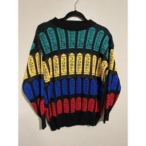 Vintage Knitted Sweater Crayons - Red Blue Yellow Green - Size M